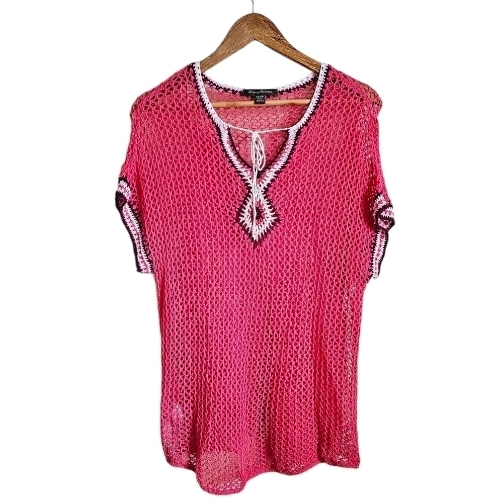 Tommy Bahama swim coverup crochet pink coral tunic